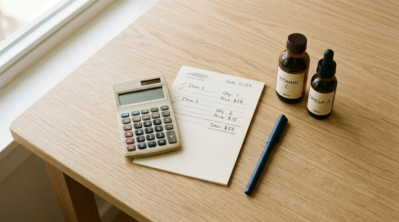 Calculatrice et bon de commande sur un bureau avec des flacons de compléments alimentaires